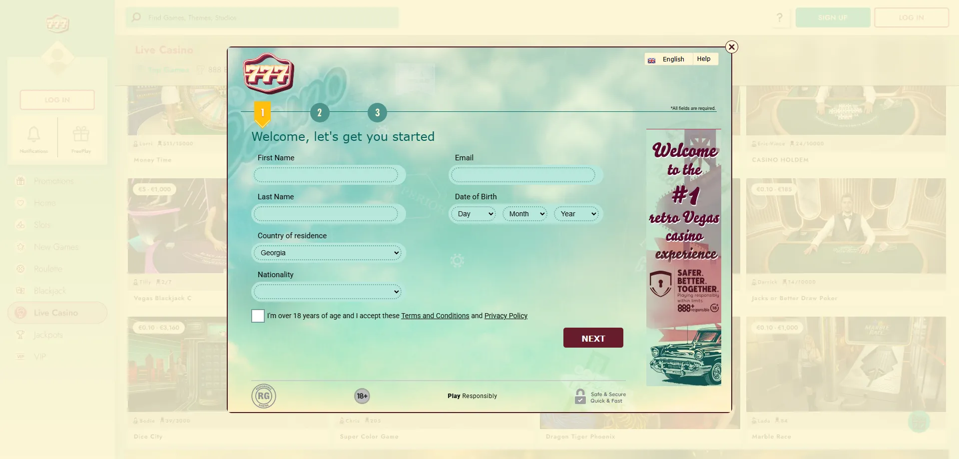 777 Casino registration steps — create account and claim welcome bonus